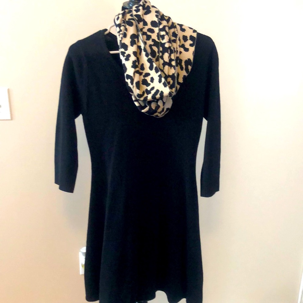 Black sweater dress with leopard scarf